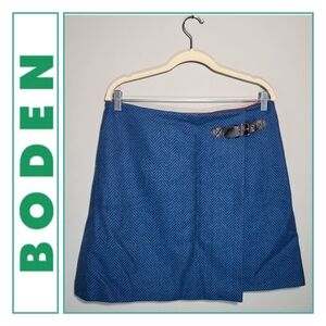 NWOT BODEN Size 10 Wool Tweed Herringbone Faux Wrap Skirt Blue Leather Buckle